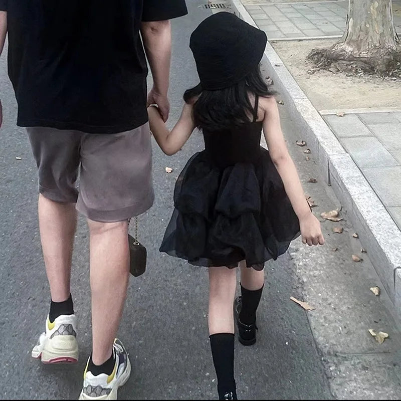 Girls' Summer Dress 2025 New Children's Party Princess Dress Children's Yarn Black Strap Dress Baby Girl Clothes