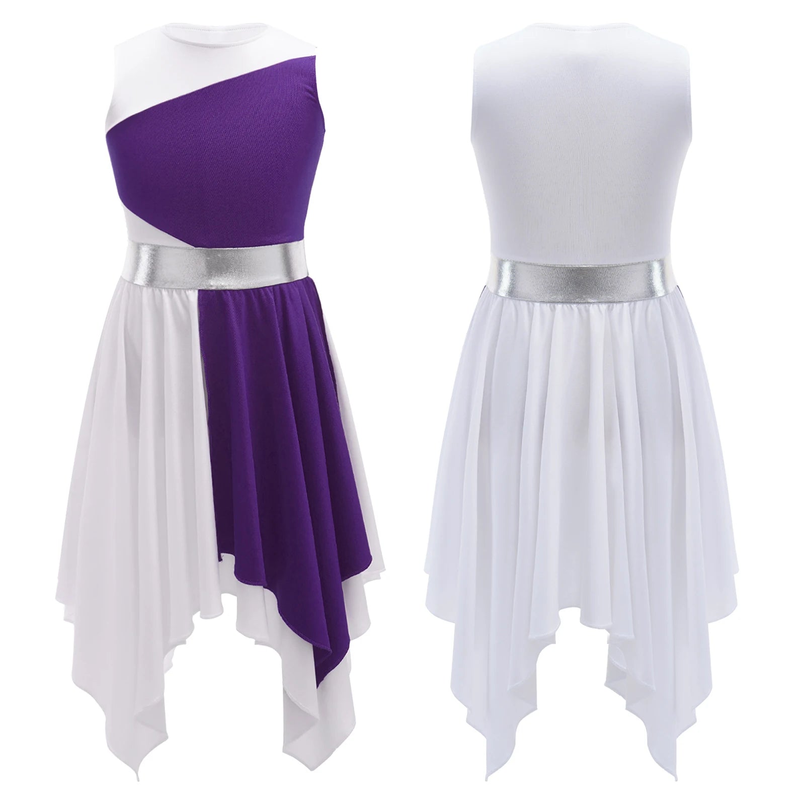 Kids Girls Modern Lyrical Ballroom Dance Dress Church Choir Praise Costume Sleeveless Asymmetrical Hem Contrast Color Gown