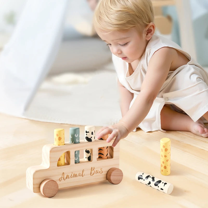 Baby Wooden Bouncing Toys Car Animal Bus Shaped Newborn Education Sensory Puzzle Hand Eye Coordination Training Toys Baby Gifts