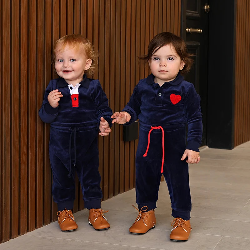 Family Clothes Navy Velour Set Girls Dress Boys Shirt Baby Romper Older 2 Pieces Set Long Sleeves Children Outfit Clothes