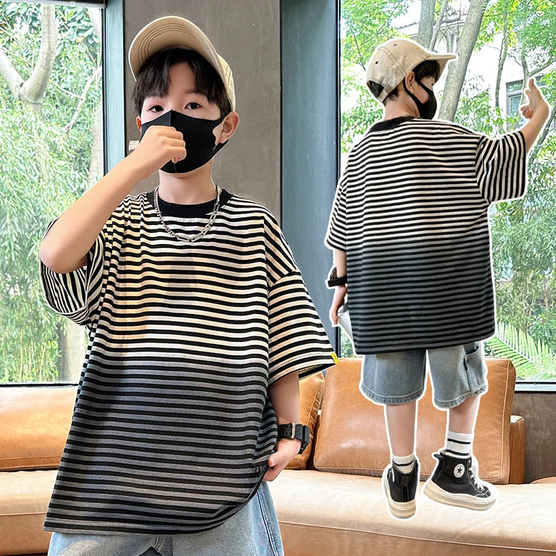 New Boys Shorts Sleeve Striped T-Shirt For Kids Luxury Clothes Casual Cotton Gradient Tshirts Children Summer Tee Top Outfits