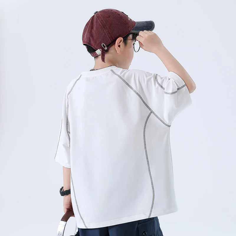 Children's Boys T-Shirts with Number Print Round Neck Short Sleeve Shirts for New Summer Casual Wear White Loose Cotton Clothes