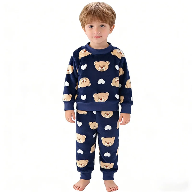2026 New Winter Baby Boys Homewear Sets Autumn Fashion Flannel Fleece Clothes Kids Cartoon Bear Sleepwear Children Pajamas 3-8Y
