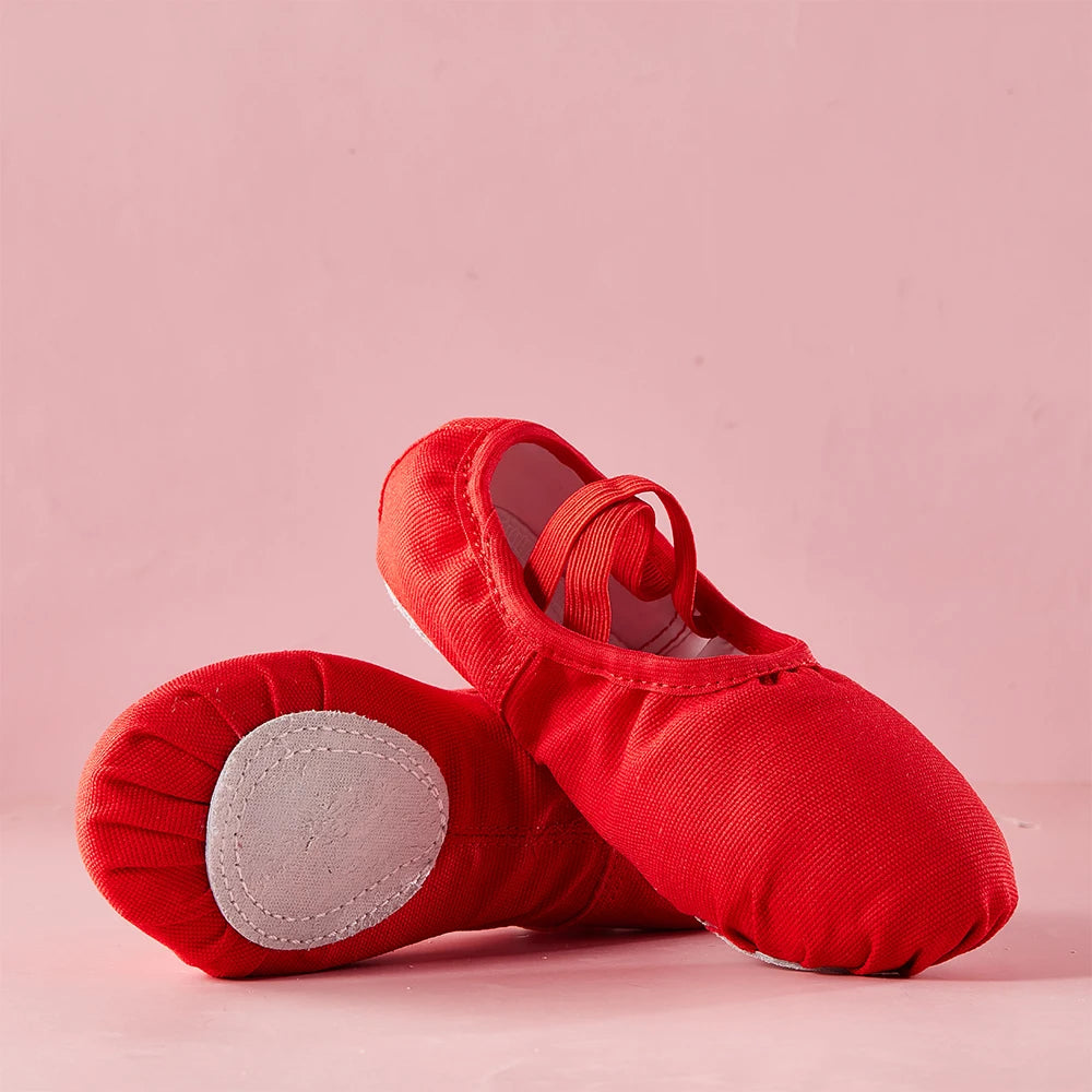 Girls Ballet Slippers Kids Dance Shoes Adult Gymnastics Training Canvas Soft Leather Sole No Shoelaces