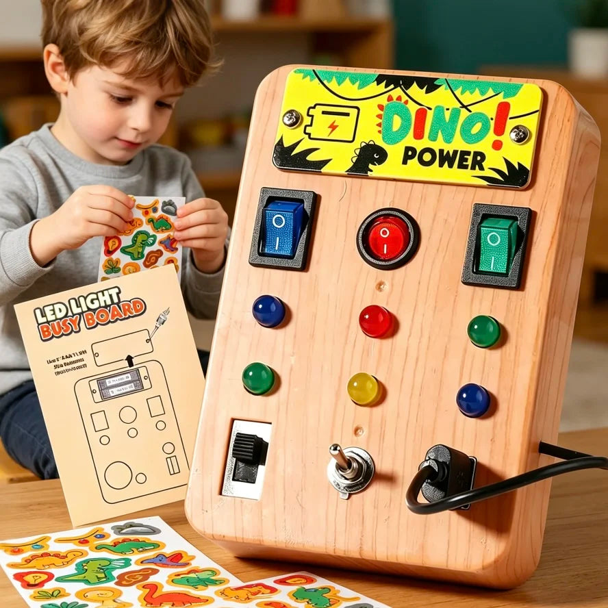 Montessori LED Light Busy Board Simulator with Switch and Dinosaur Sound Effects: A smart educational toy suitable for toddlers.
