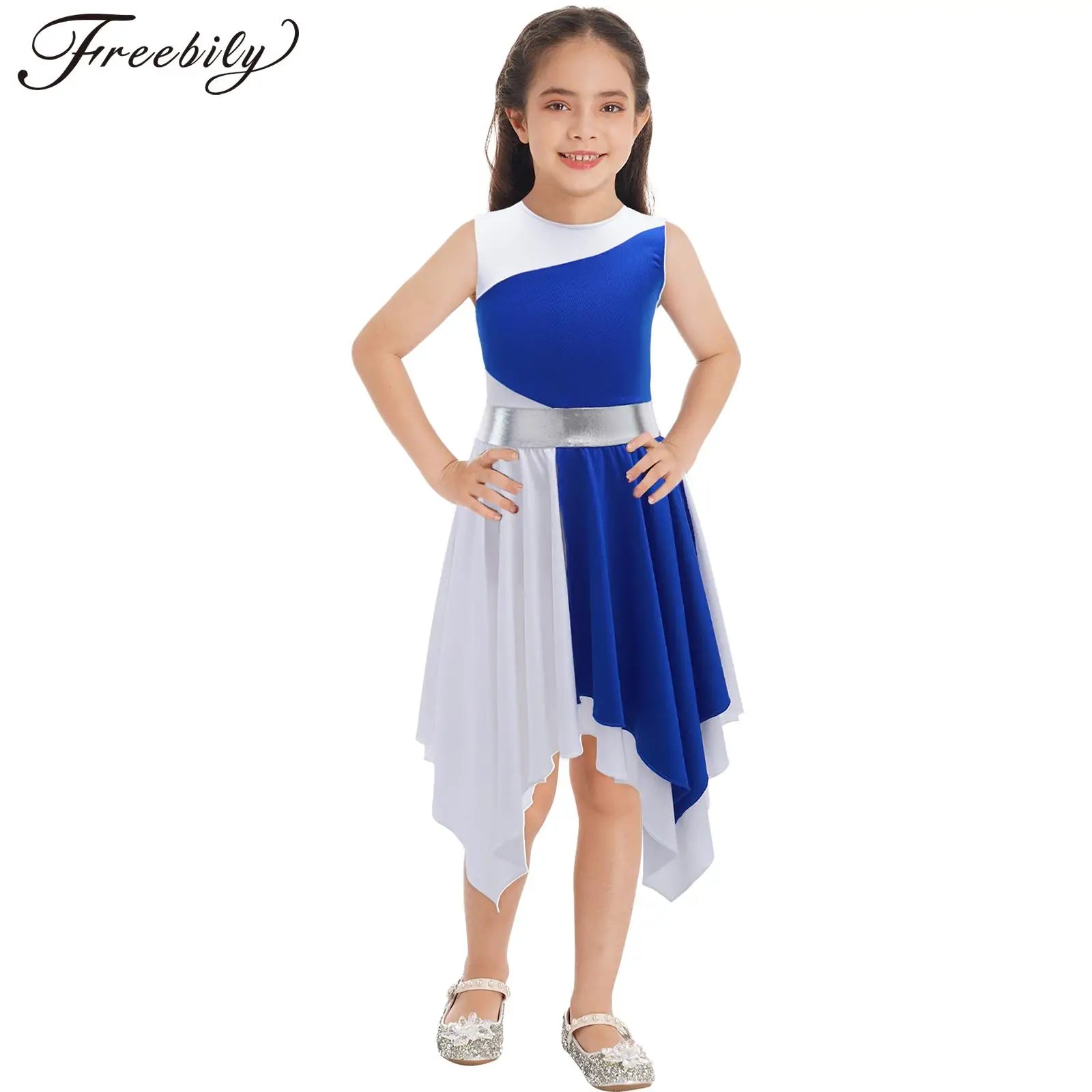 Kids Girls Modern Lyrical Ballroom Dance Dress Church Choir Praise Costume Sleeveless Asymmetrical Hem Contrast Color Gown