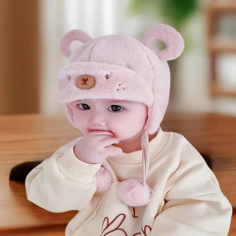 Cute Winter Warm Kids Girl Boys Baby Hats Fleece Wool Hemming Caps With Ball Solid Wool Ear Protection Hats Soft Newborn Bonnet