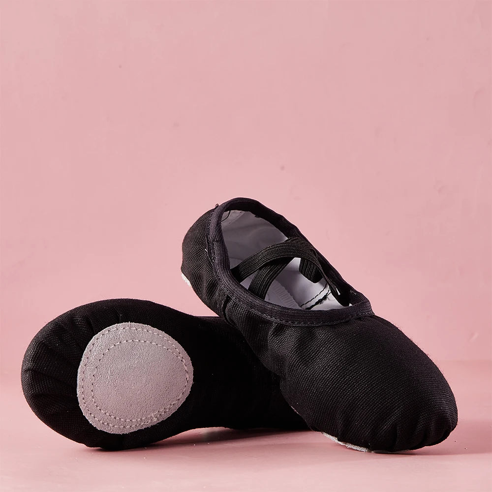 Girls Ballet Slippers Kids Dance Shoes Adult Gymnastics Training Canvas Soft Leather Sole No Shoelaces