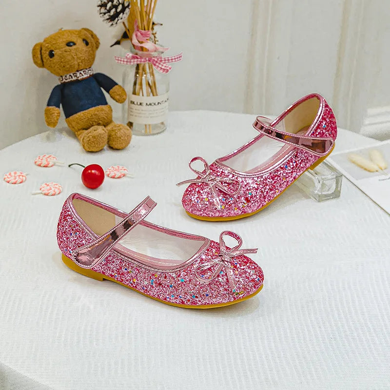 Brand Girl Shoe Autumn Sequins Dress for Girls Bow Princess Shoes Middle Large Child Flat Shoe Versatile Women Shoe Zapatos Niña