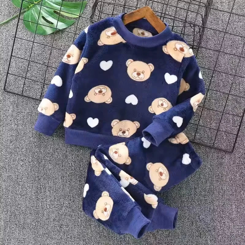 2026 New Winter Baby Boys Homewear Sets Autumn Fashion Flannel Fleece Clothes Kids Cartoon Bear Sleepwear Children Pajamas 3-8Y