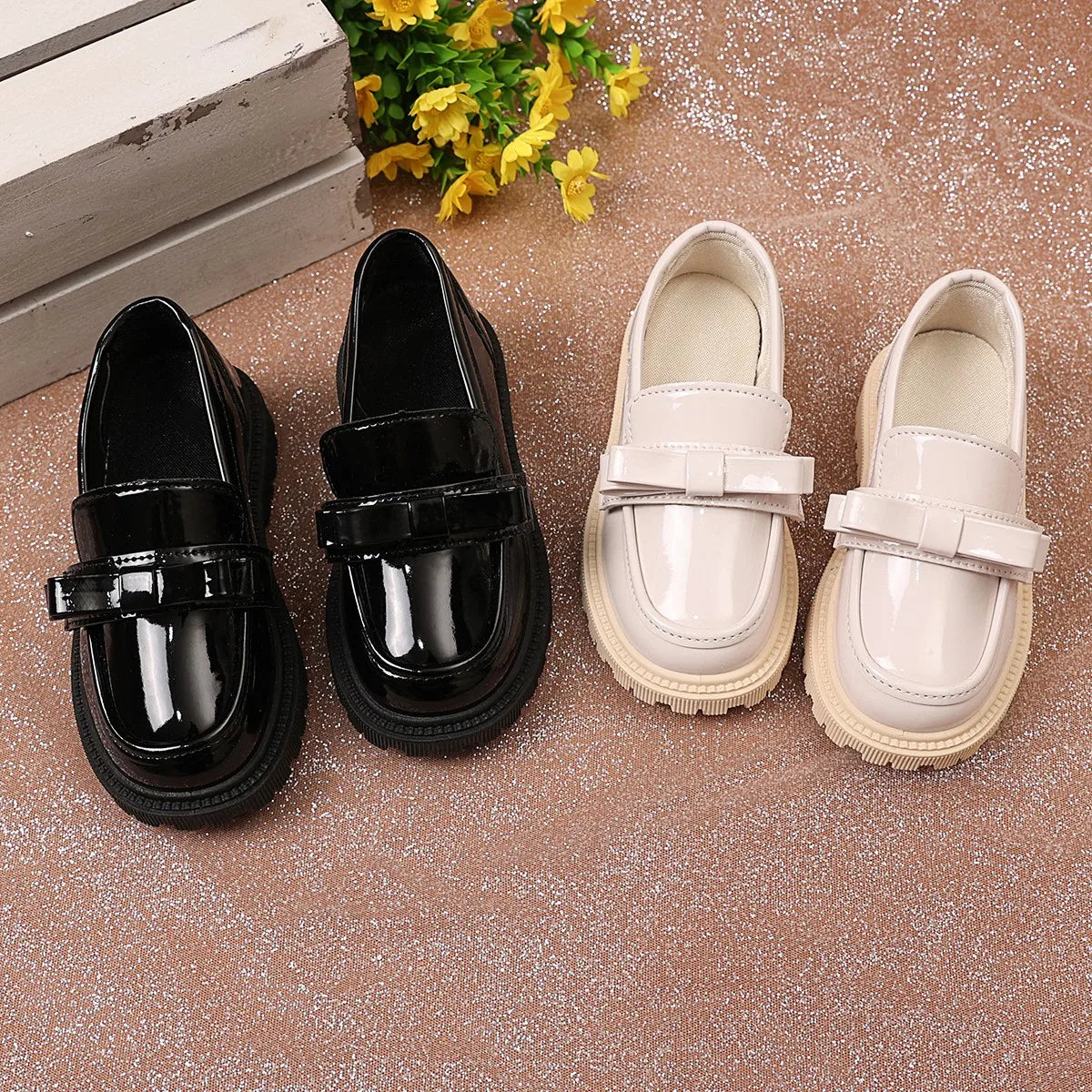 Girls Black Uniform Shoes for School Students Flats Round Toes Glossy 2025 Spring Autumn Children Leather Shoes British Style