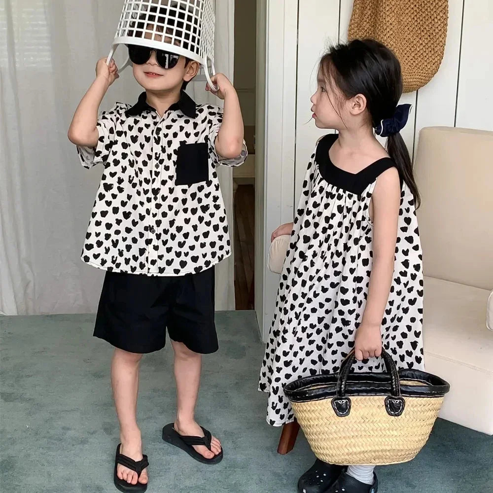 Boys Girls Matching Brother And Sister Clothes 2024 New Korean Children's Clothing Set Baby Girls Dress Kids Boys Two Piece Suit