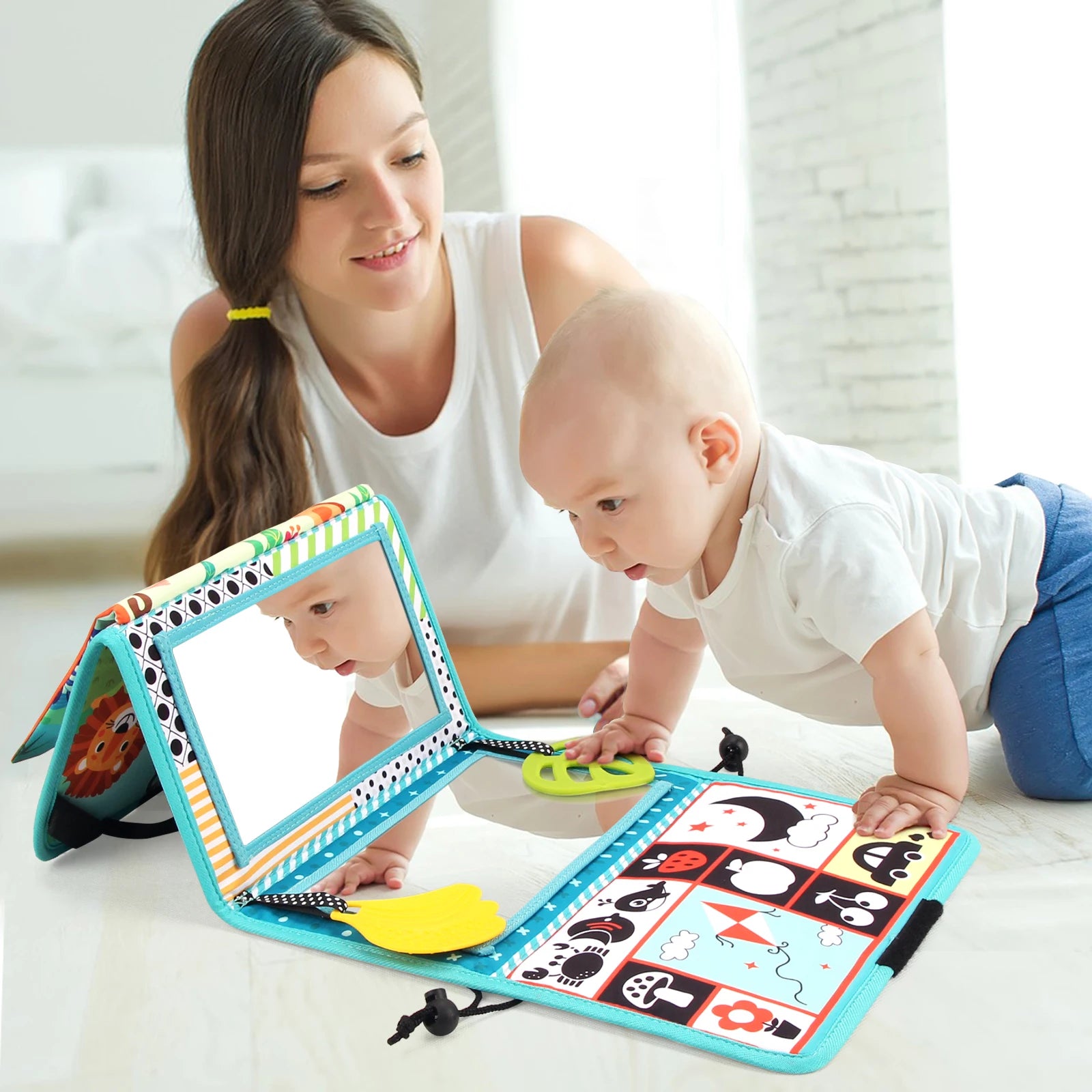 Baby Cloth Book with Distorting Mirror Soft Cartoon Parent-child Interactive Sensory Books Educational Montessori Toys for Baby